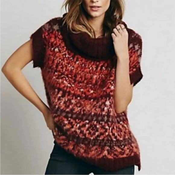 Free People Snow Bunny Maroon Orange Wool Alpaca Fair Isle Sweater Small - Picture 1 of 13